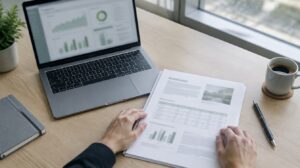 Raport de mentenanță IT pe birou, lângă un laptop cu tablou de monitorizare