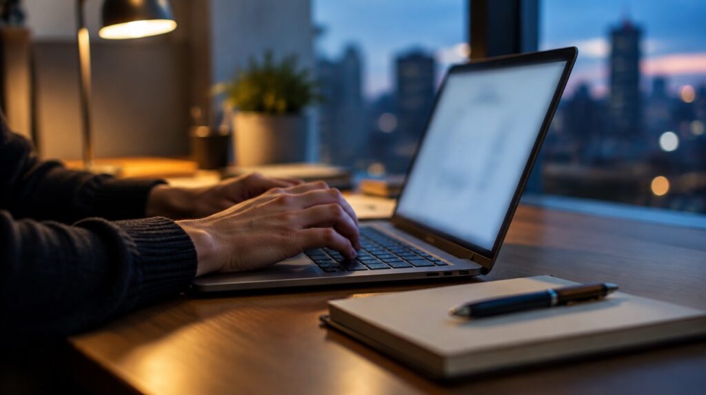 Mâini tastând pe un laptop într-un birou, seara