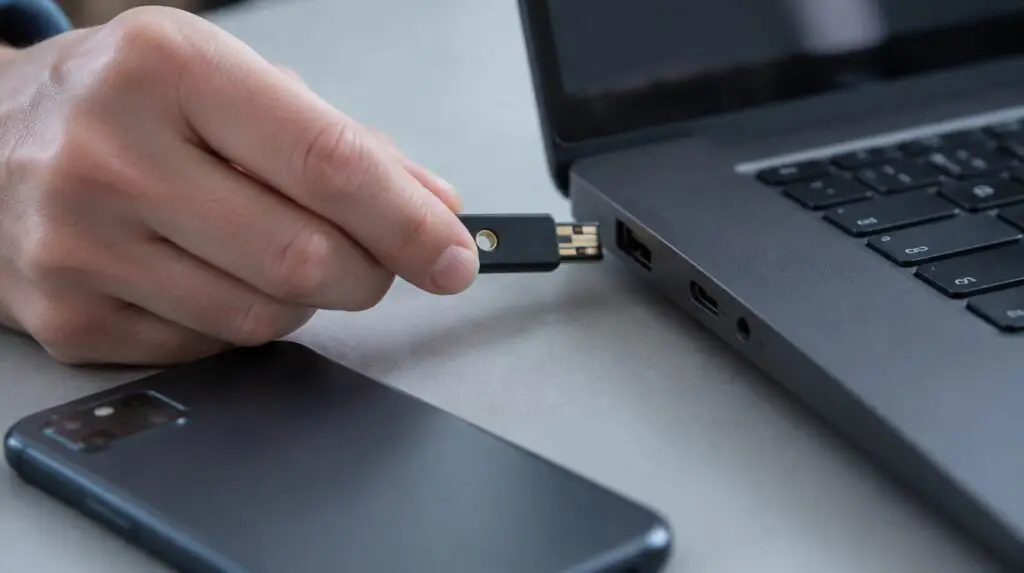 Mână introducând o cheie de securitate în portul unui laptop