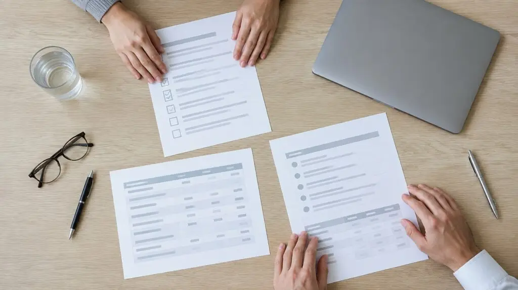 Formulare de autoevaluare și o listă de verificare pe o masă, văzute de sus