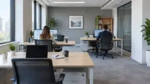 Birou deschis cu mai multe posturi de lucru și laptopuri
